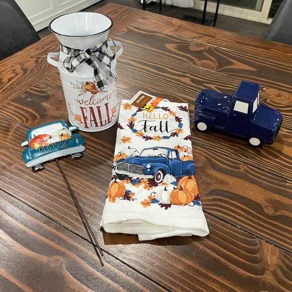 Accents New 4pc Hello Fall Blue Truck Decor Lotkitchen Towel Plant